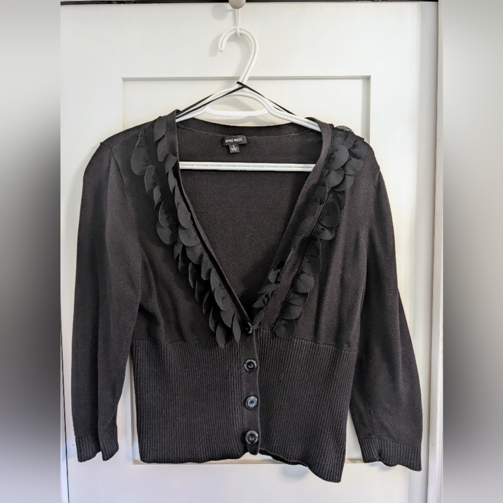 Chic Black Cardigan with Leaf Details